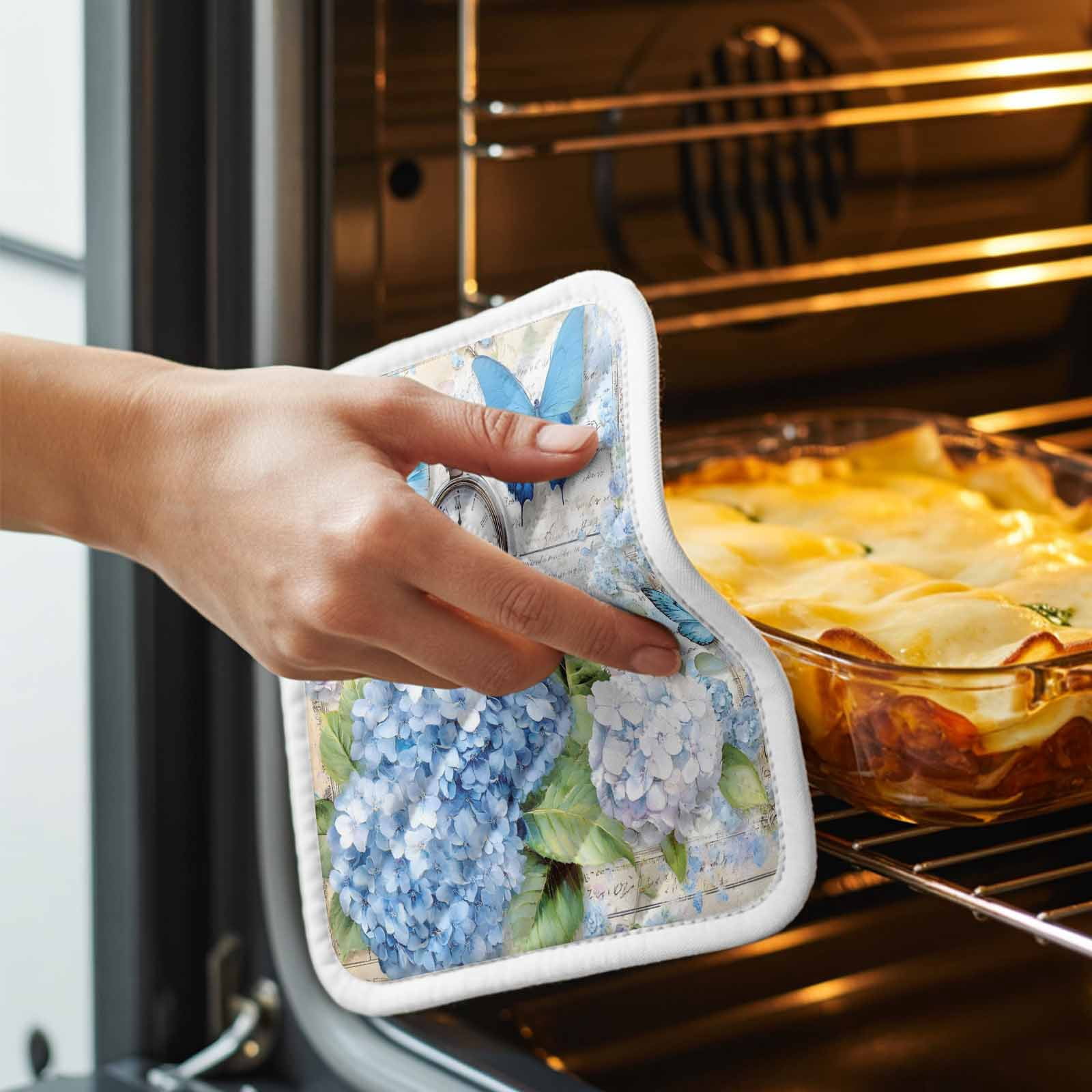 Blue Hydrangea Floral Pot Holders for Kitchen Heatproof Potholder, 3 Pack Spring Retro Butterfly Botanical Hot Pads Multipurpose Oven Pads Cloth Potholders Trivet for Cooking Baking