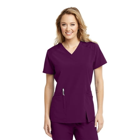 Barco One Wellness BWT012 Women's 4 Pocket Contrast Shoulder Front Side Slit Scrub Top Wine M