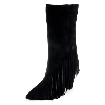 

YDN Women Classic Tassel Fringes Cone High Heel Boots Mid Calf Booties Pointed Closed Toe Side Zipper Casual Shoes Size 4 Black