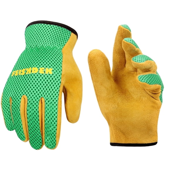 FEISHDEK Kids Leather Gardening Gloves for Toddlers, Breathable Yard Work Gloves(Green, Medium, Age 4-6)