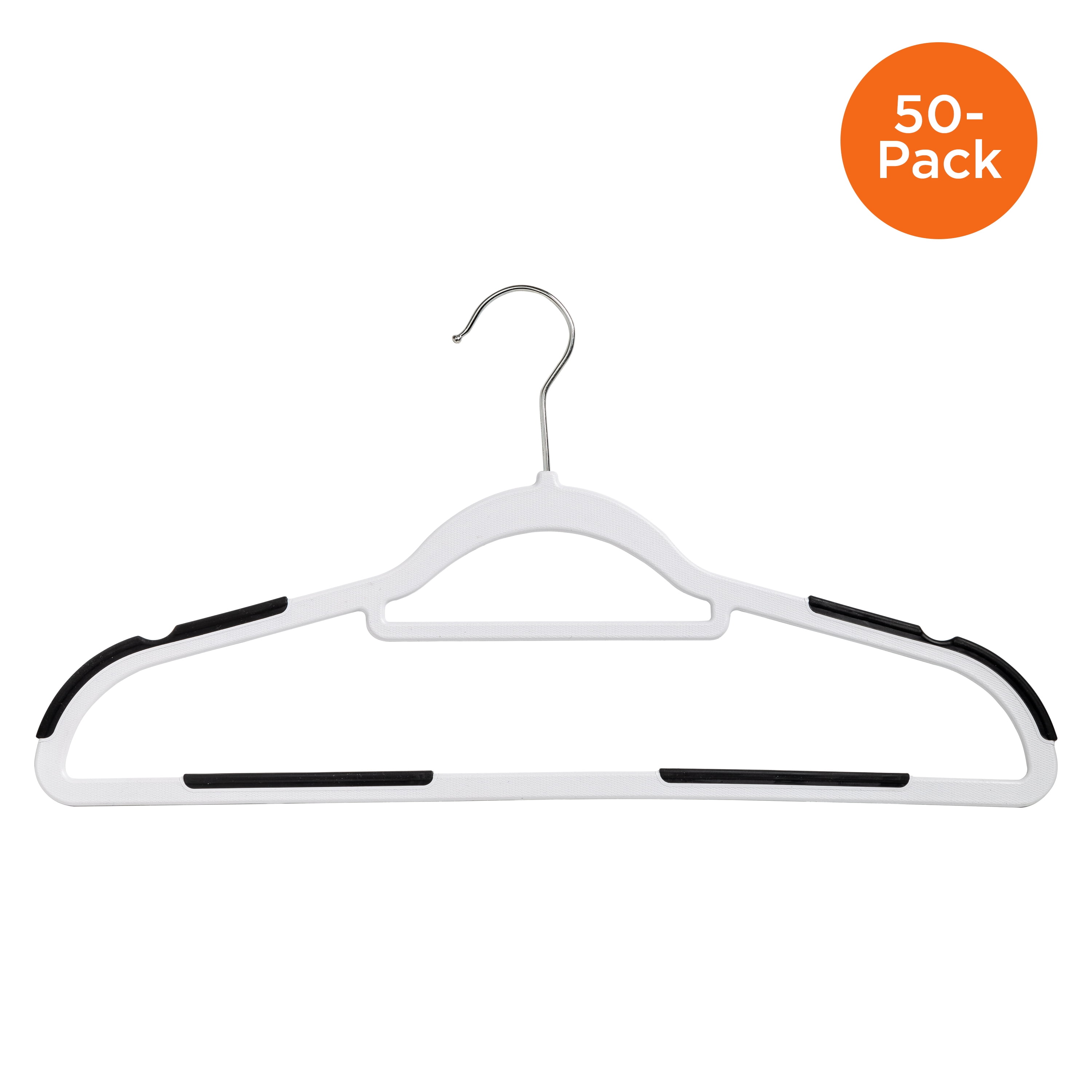50Pack Slim Plastic Hangers with AntiSlip Rubber Grips, White