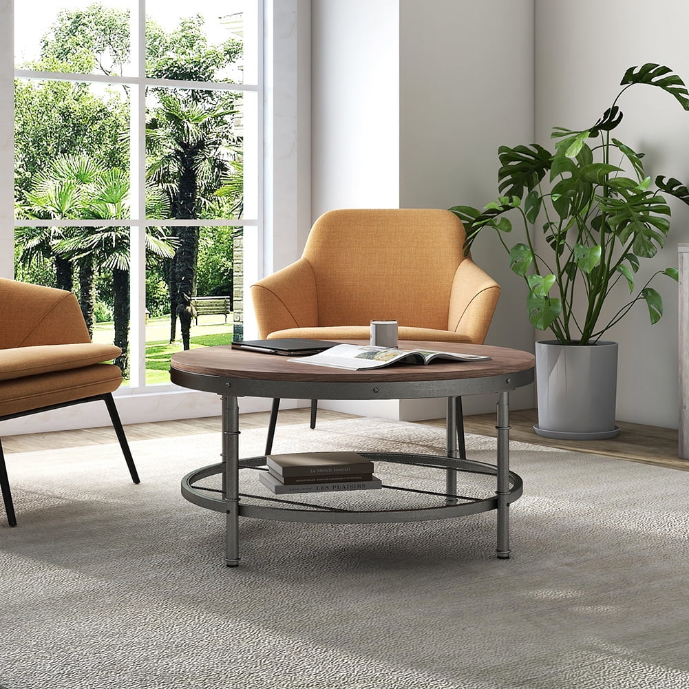 Kadyn 2-Tier Single Panel Round Coffee Table, Modern Industrial Round Coffee Table for Home Office, Retro Sofa Side Table with 3D Texture Metal Frame and Mesh, Dark Brown Kadyn 2-Tier Single Panel Round Coffee Table, Modern Industrial Round Coffee Table for Home Office, Retro Sofa Side Table with 3D Texture Metal Frame and Mesh, Dark Brown