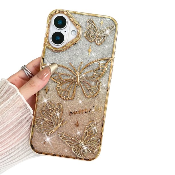 Compatible con iPhone 16, linda funda 3D de mariposa con purpurina brillante, carcasa de lujo para mujeres y niñas, protección para cámara, parachoques de 6.1 pulgadas, color rosa.
