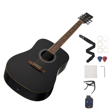 KFFKFF 41-Inch Dreadnought Acoustic Guitar, 6-String Black Solid Spruce Top, Beginner Set with Gig Bag, Tuner, Strap, Steel Strings, Picks, Capo, Rosewood Fingerboard, Ideal for Taller Adult Players