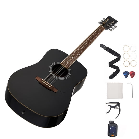 KFFKFF Dreadnought Acoustic Guitar, 41 in, 6-String Black Solid Spruce Top Guitar, Beginner Bundle with Gig Bag, Tuner, Strap, Steel Strings, Picks, Capo