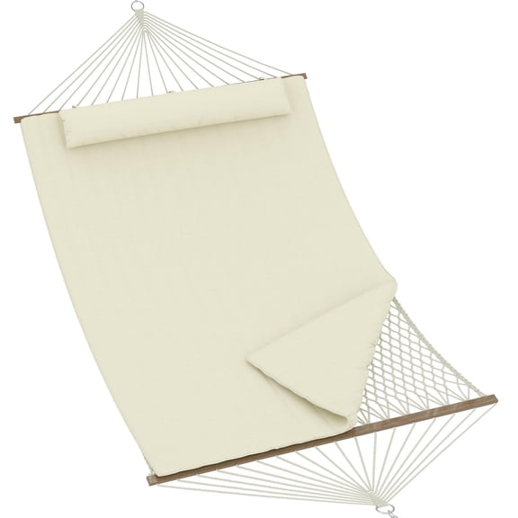 Garvee 2 Person Outdoor Hammock with Stand, Cotton Rope Hammock with Polyester Pad and Adjustable Steel Frame, 2-in-1 Portable Patio Backyard Garden Beach Swing