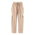 thumbnail image 5 of Womens Wide Leg Hippie Pants Plus Size Linen Ankle Length Drawstring High Waisted Cropped Pants Flowy Elastic Waist Breathable Harem Pantswith Pockets Beige L, 5 of 9