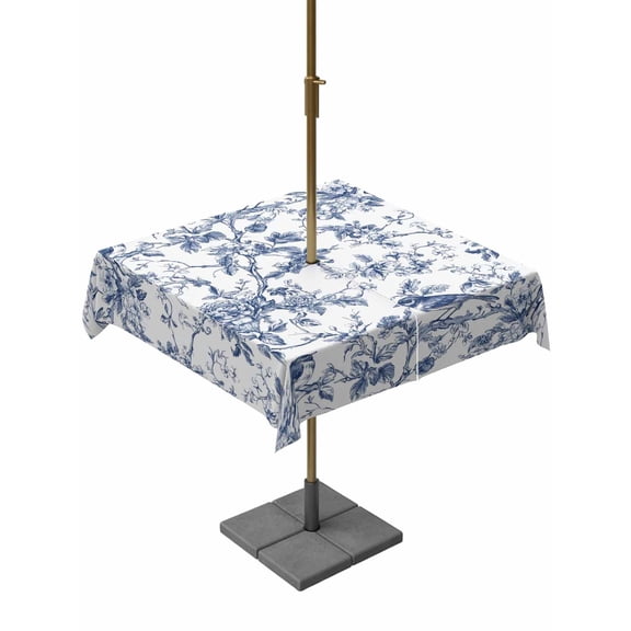 Outdoor Table Cloth with Umbrella Hole and Zipper, Blue Botanical Waterproof Square Tablecloth 54"x54", Vintage Botanical Birds Washable Table Cover for Outside Party Patio Picnic