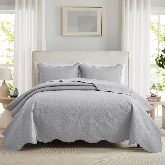 Ameha 3 Piece Reversible Quilt Set Ultra Soft Floral Coverlet Microfiber Bedding Set California King Silver All Season