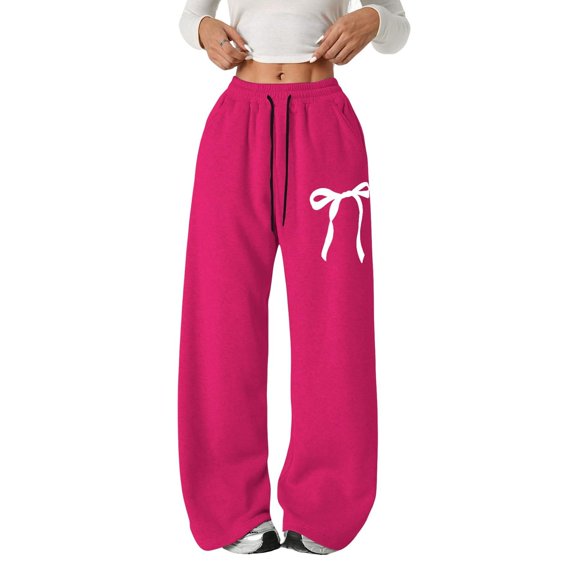 UACY Girls Bow Sweatpants Baggy Wide Leg Sweat Pants with Pockets Elastic Waist Mid Rise Teen Casual Cute Kids (Hot Pink, 5-6 Years)