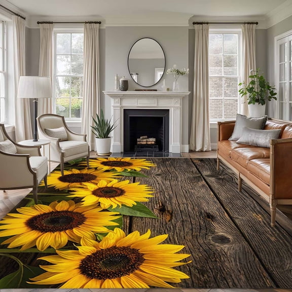 Yellow Sunflowers Area Rugs 5'x7', Washable Small Throw Rugs for Laundry Room Playroom, Farmhouse Brown Wooden Country Plants Indoor Outdoor Rug Non-Slip Low Pile Carpet Runner Reversible Floor Mats