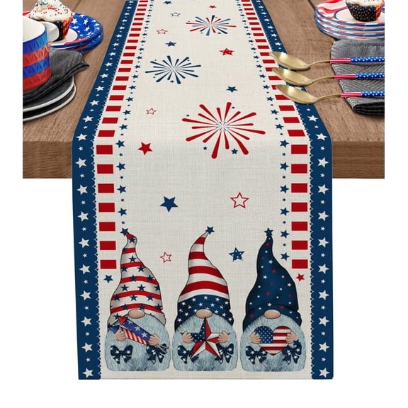 4th of July Gnomes Table Runner 72 Inches, US Flag Fireworks Stars Bed Runner Dresser Scarves Tabletop for Indoor Outdoor Parties/Ceremony/Banquet, 13" x 72"