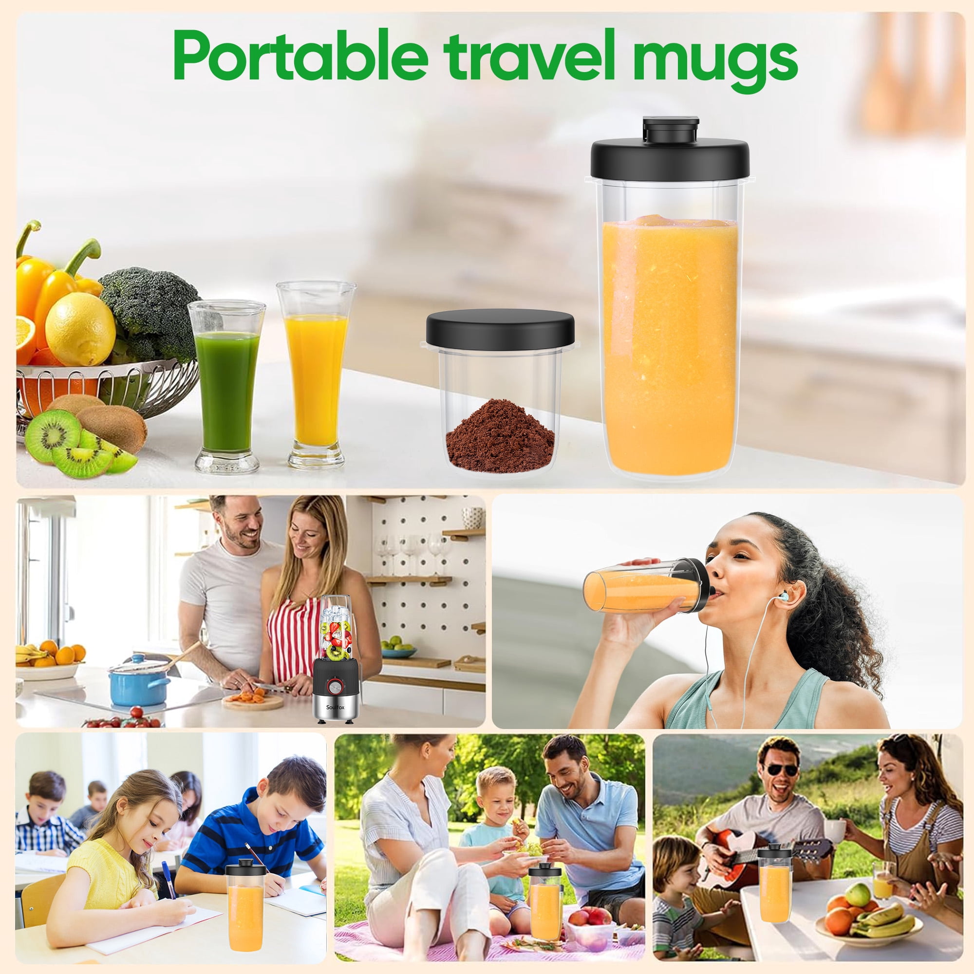 Soulfox Personal Blender for Smoothies 500W Portable Mini Corded 4 Blades 23oz Juicer 7oz Grind Cup