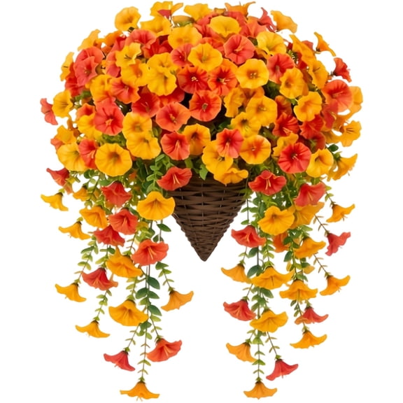 Artificial Flowers with Hanging Basket, 29.92 inch Artificial Petunia Hanging Planters, Faux Silk Morning Glory, Drooping Floral Spray, Wall Hanging Ornament for Front Porch Garden Patio, Fall Decor