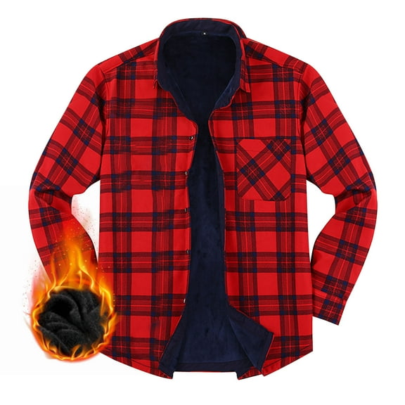 DDAPJ pyju Men's Cotton Flannel Shirt Jacket Fleece Lined Long Sleeve Plaid Shirt Warm Winter Casual Button Down Shirts Red XXL