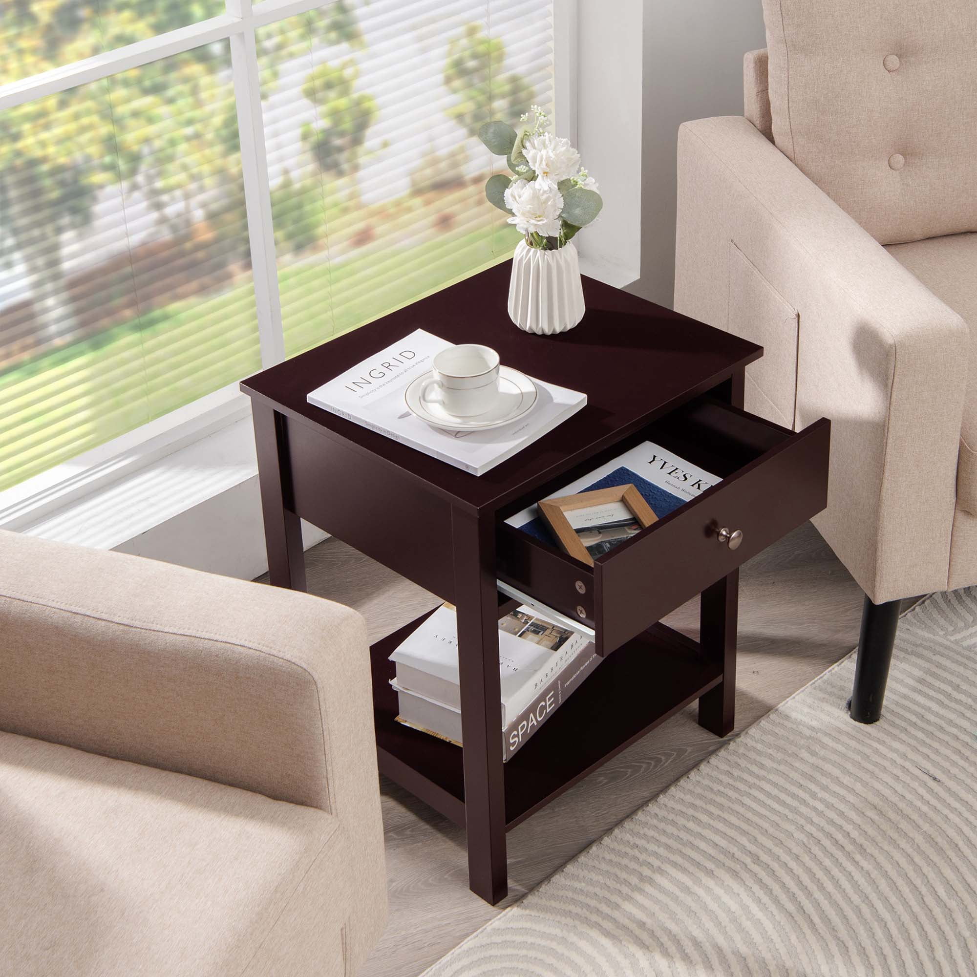 Costway Nightstand with Drawer Storage Shelf Wooden Bedside Sofa Side Table Brown