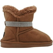 bebe Girls’ Big Kid Slip On Mid Calf Warm Microsuede Winter Boots with Rhinestone Strap and Faux Fur Trim