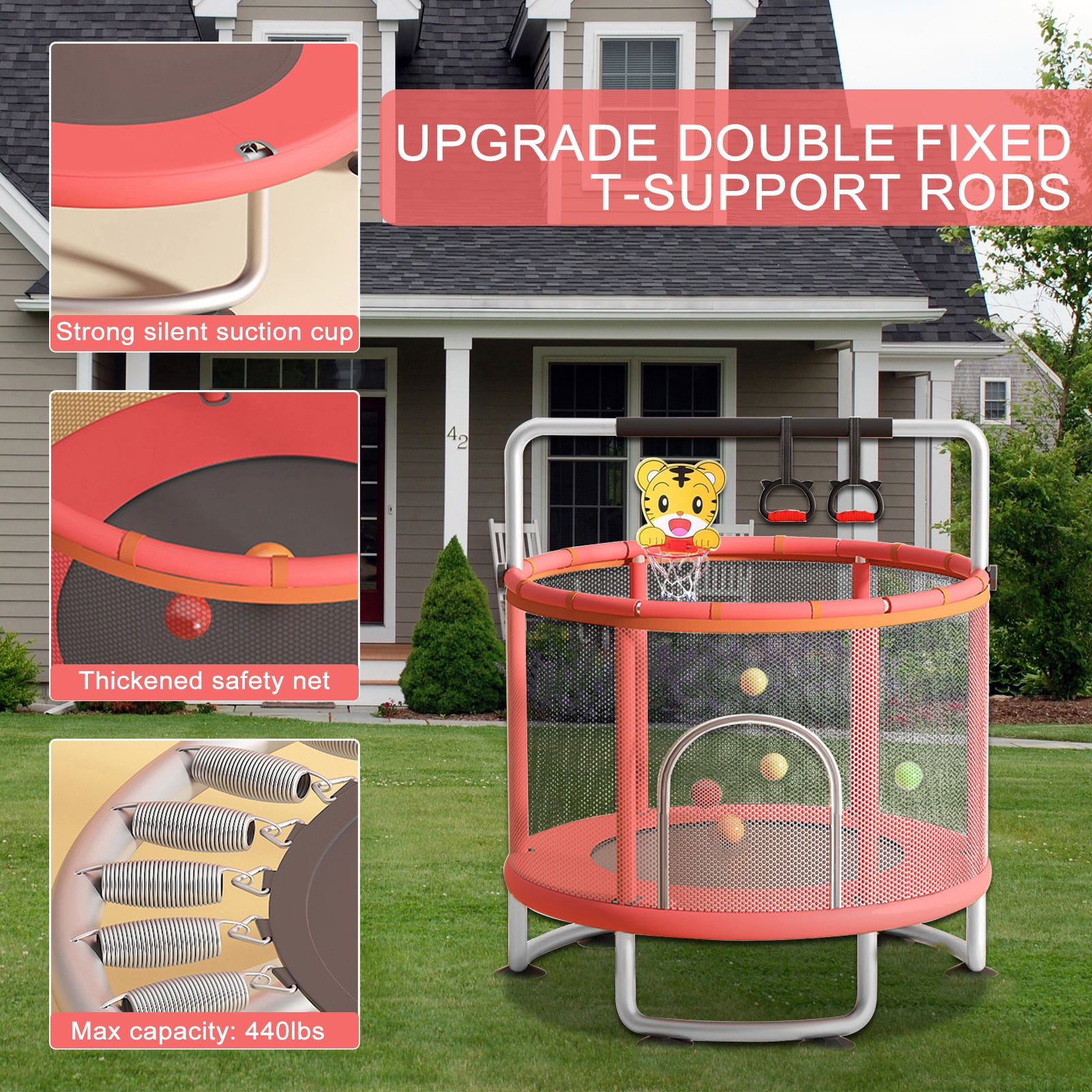 Yedigre 60 Inch Kids Trampoline with Enclosure Net & Gymnastics Bar – Indoor Trampoline for Ages 3-8 with Basketball Hoop, Swing & Sandbag