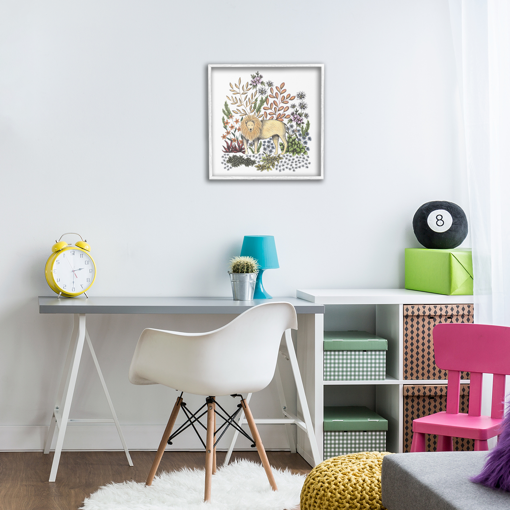 Jungle Wildlife Lion White Framed Giclee Art, design by Cecilia Battaini