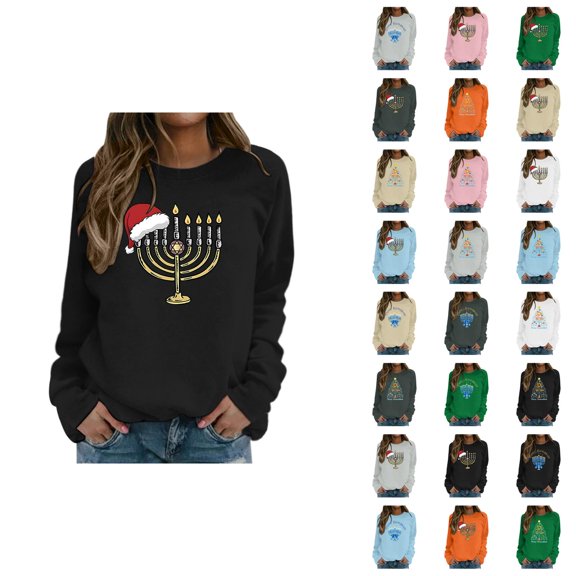 Chanukah Sweatshirt for Women 2025 Long Sleeve Crewneck Christmas Graphic Pullover Top