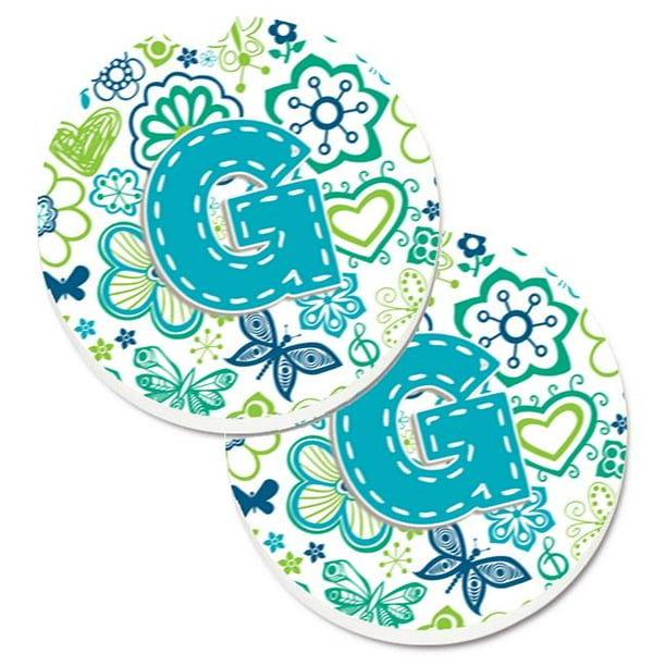 Lettre G Fleurs et Papillons Bleu Turquoise Lot de 2 Porte-Gobelets Coaster de Voiture