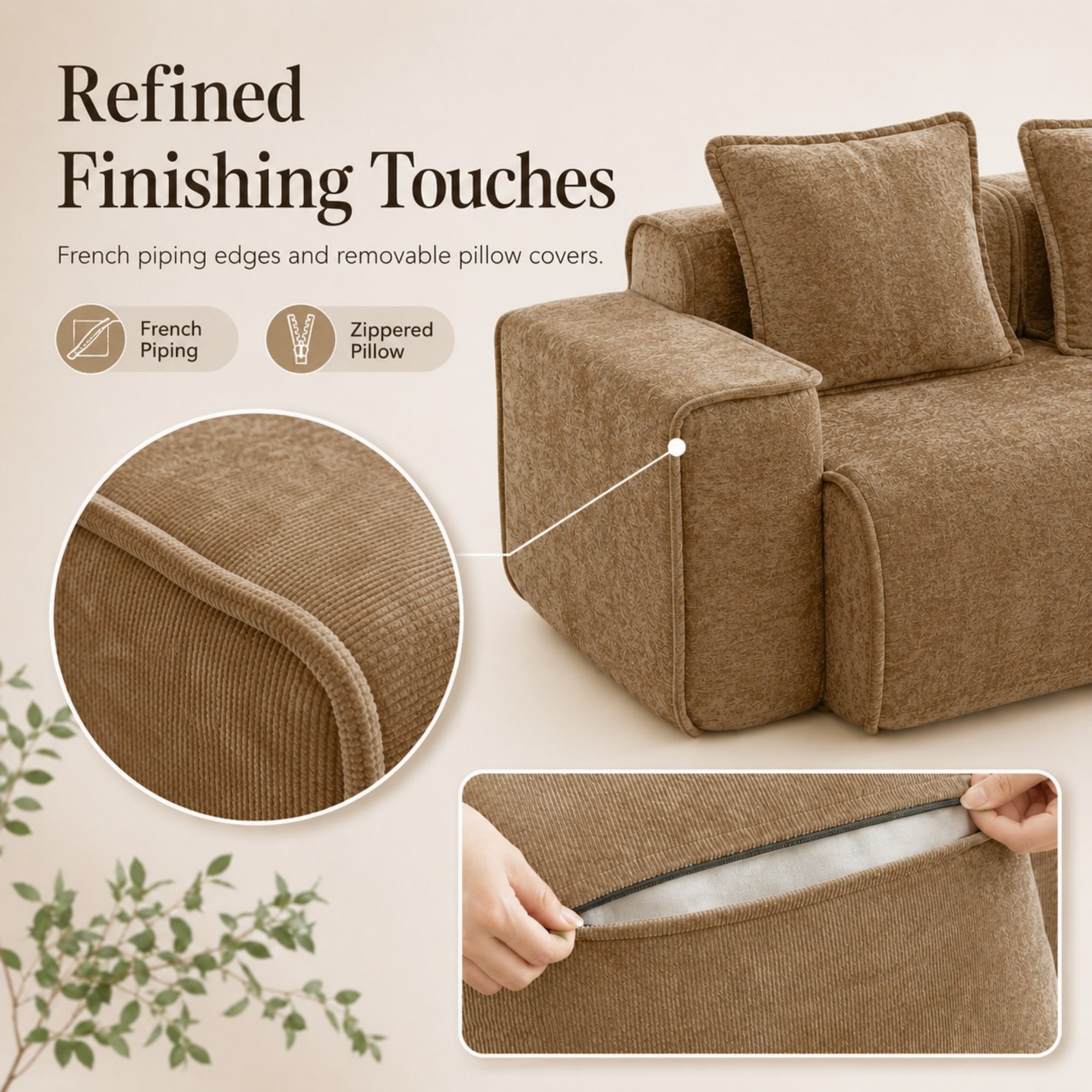 DEALTOPS 79" Modern Velvet Cloud Couch, 2-Seater Modular Loveseat with 2 Pillows, Brown