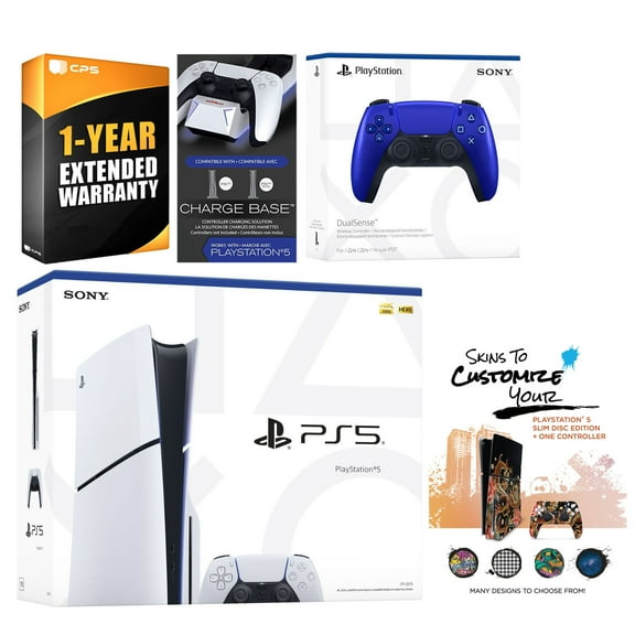 Sony Playstation 5 Slim Disc with Extra Cobalt Blue Controller, Dual Charging Dock and MightySkins Decal Voucher Plus 1 Year CPS Extended Warranty