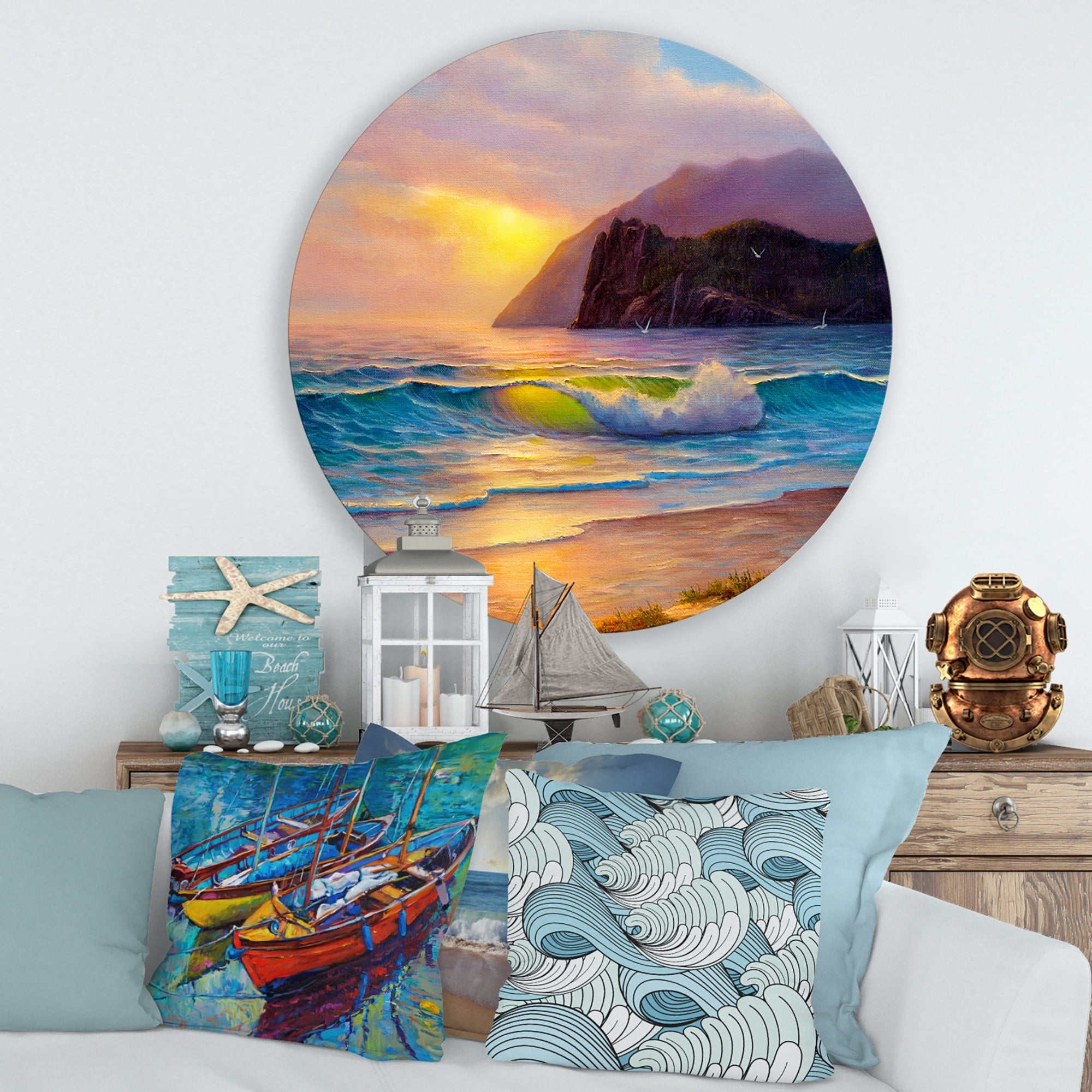 Designart 'Sunrise Glow On The Sea Waves V' Nautical & Coastal Circle Metal Wall Art 29x29 - Disc of 29