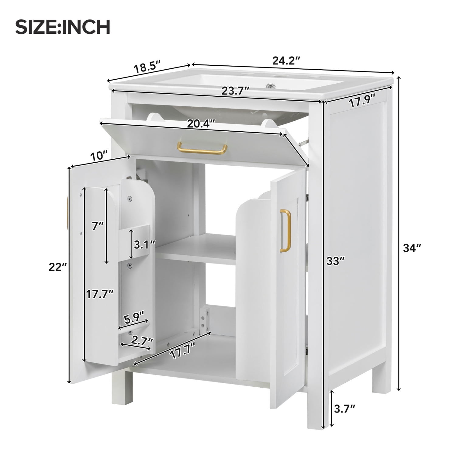 Harper & Bright Designs 24" Bathroom Vanity Combo with Ceramic sink, Small Bathroom Vanity Cabinet with 2 Storage Soft Close Doors, Gold+White