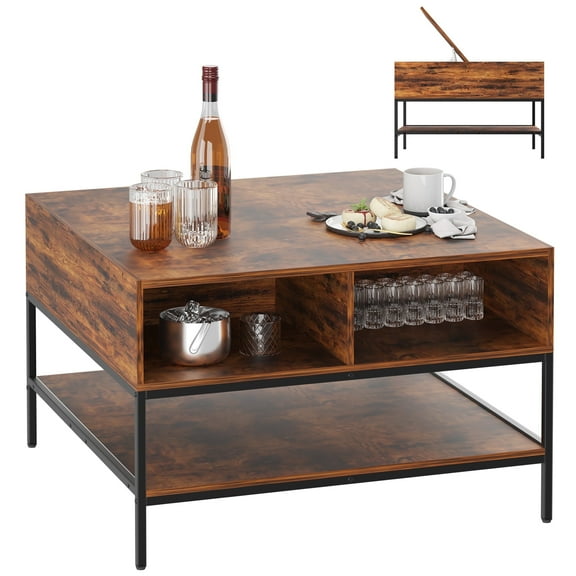 Farmhouse Wood Flip-Top Coffee Table with Storage, Sturdy Metal Legs, Brown