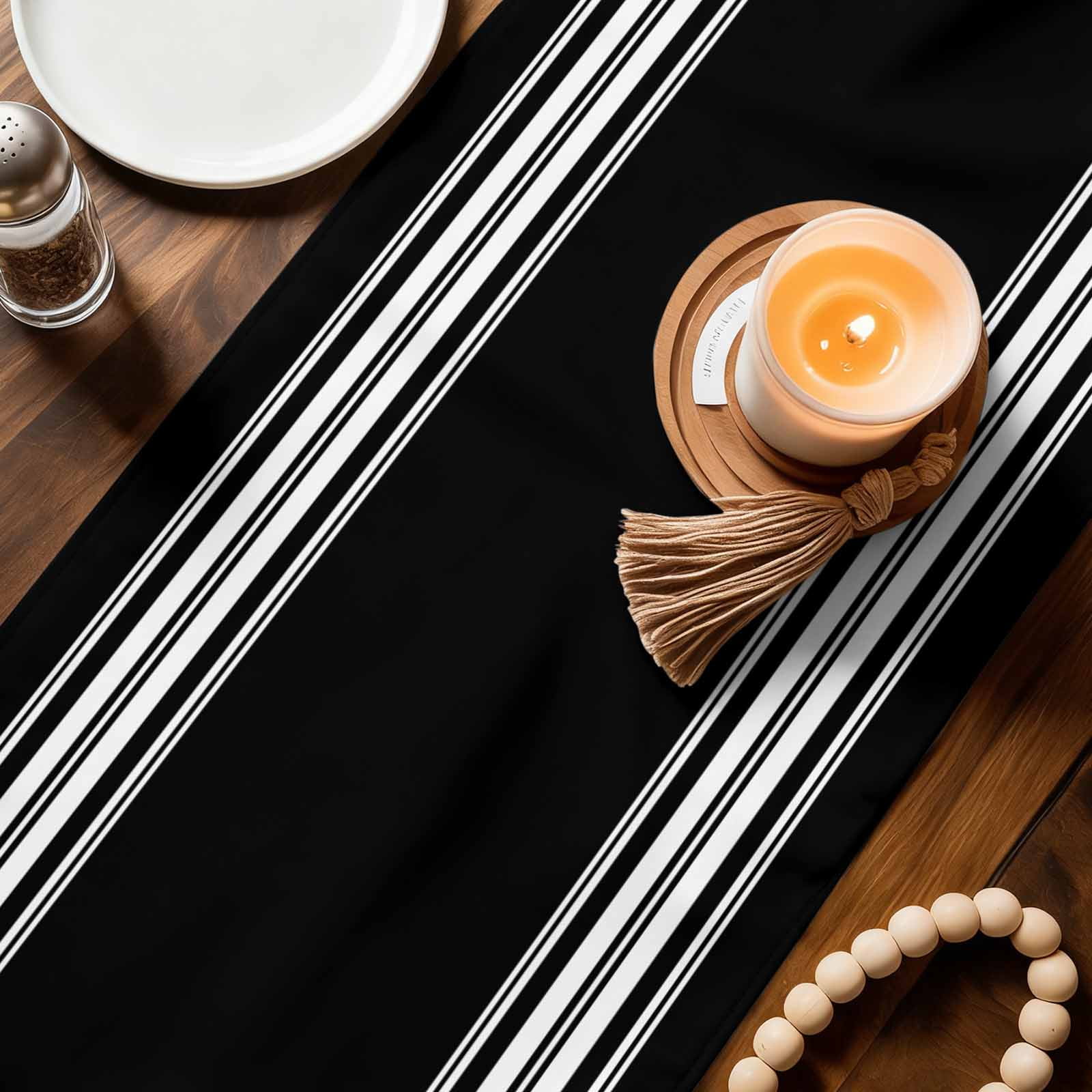 Black Striped Table Runner, Farmhouse Black White Stripes Washable Cotton Linen Table Runners 120 Inches Long, Dresser Scarf Runner for Dining/Living Room/Kitchen/Square Tables 13''x120''