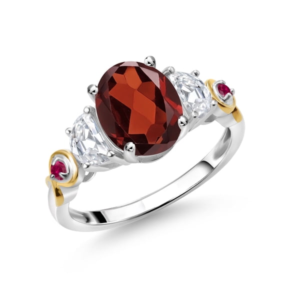 Gem Stone King 925 Silver and 10K Yellow Gold 3-Stone Ring Oval Red Garnet and Moissanite (2.63 Cttw, Size 6)