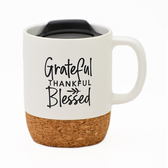 DEXSA Grateful Thankful Blessed Designer Cork Bottom Mug with Lid - 14 oz