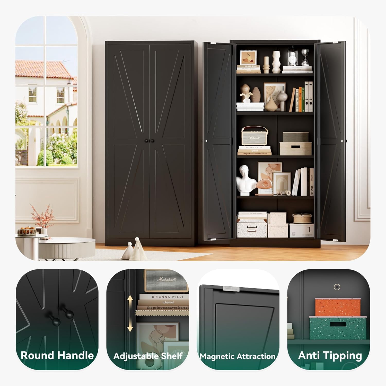 SOLAURA 63" H Farmhouse Metal Kitchen Pantry Cabinet, Pantry Storage Cabinets with 2 Barn Doors and 4 Adjustable Shelves for Kitchen, Living Room, Bedroom, Dining Room, Home(Black)