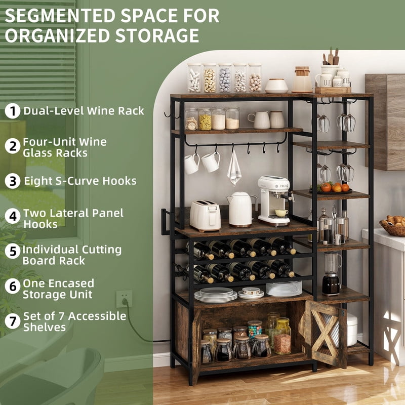 Uforic 6 Tier Kitchen Bakers Rack with Power Outlets, Coffee Bar Table with Wine Rack & Glass Holder, Storage Microwave Stand Kitchen Storage Shelf for Kitchen,Brown