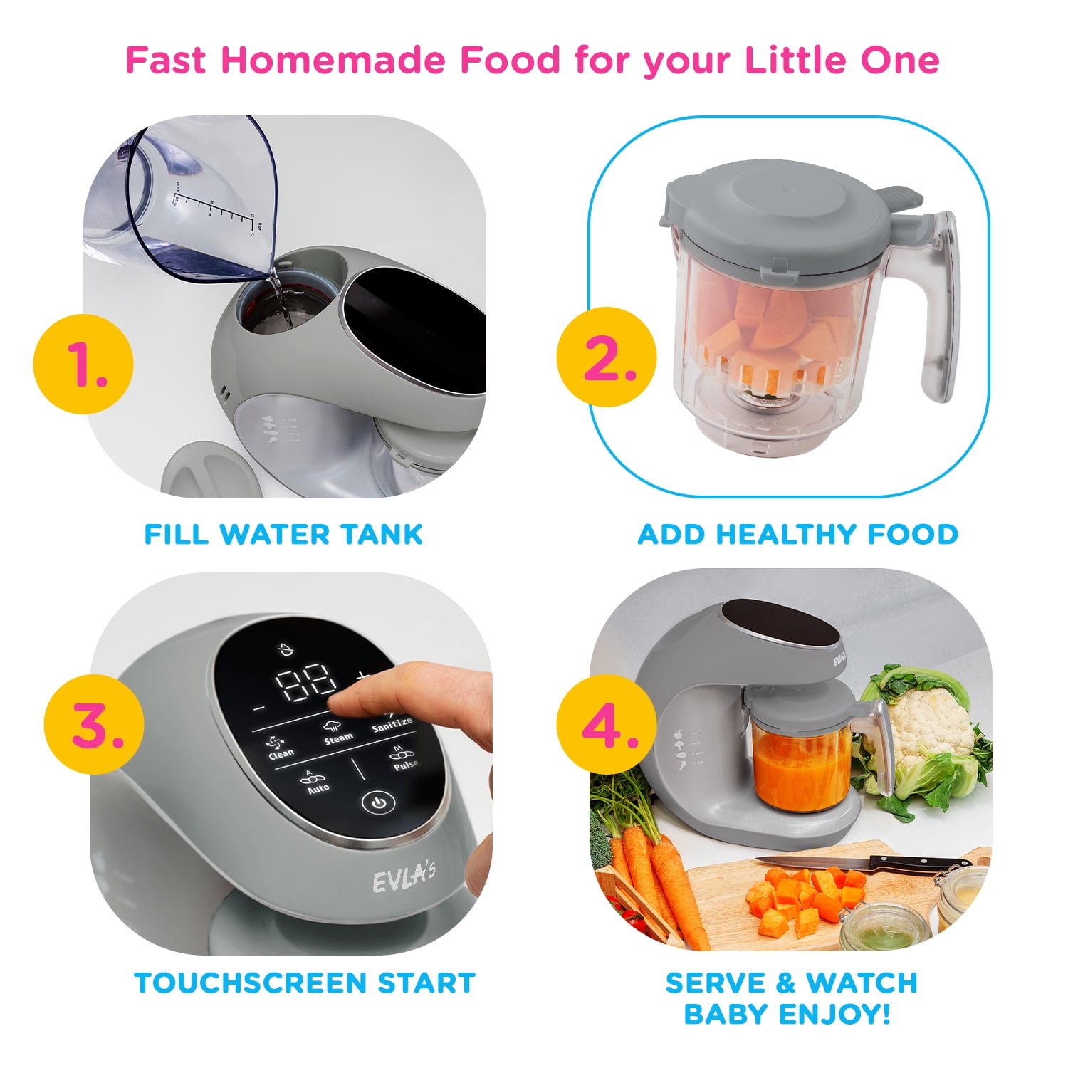 EVLA'S Baby Food Maker, Steamer, Blender, Baby Food Processor, Touch Screen, with 6 Reusable Food Pouches for Storage or Travel, Grey