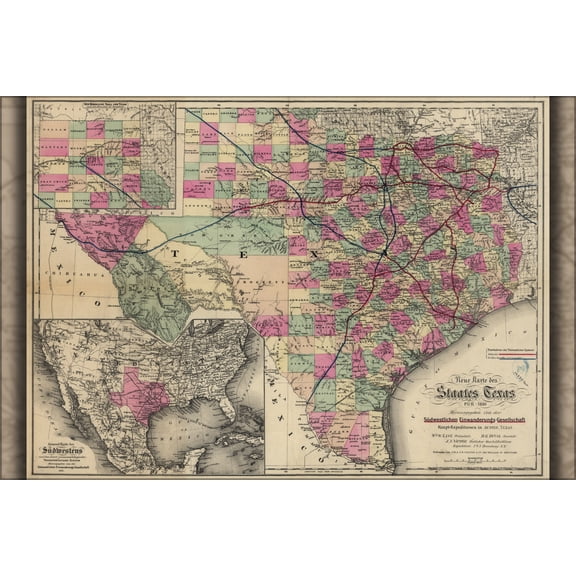 24"x36" Gallery Poster, map of texas 1881 in german