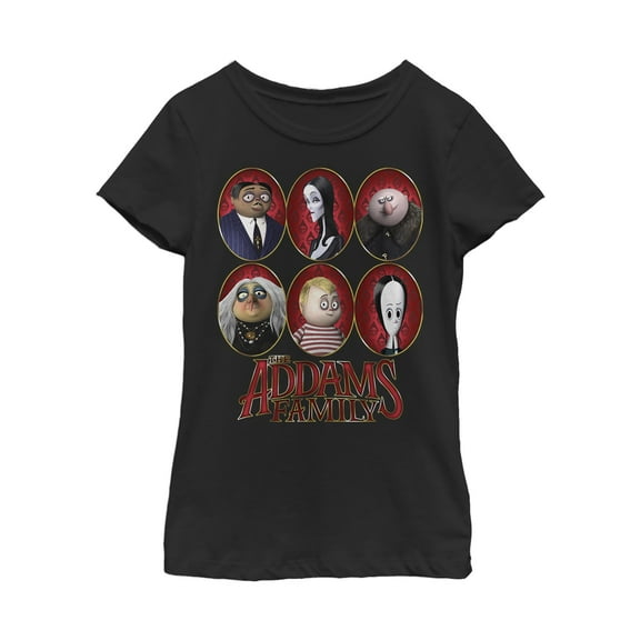 Girl's Addams Family Portrait Panels  Graphic Tee Black Medium