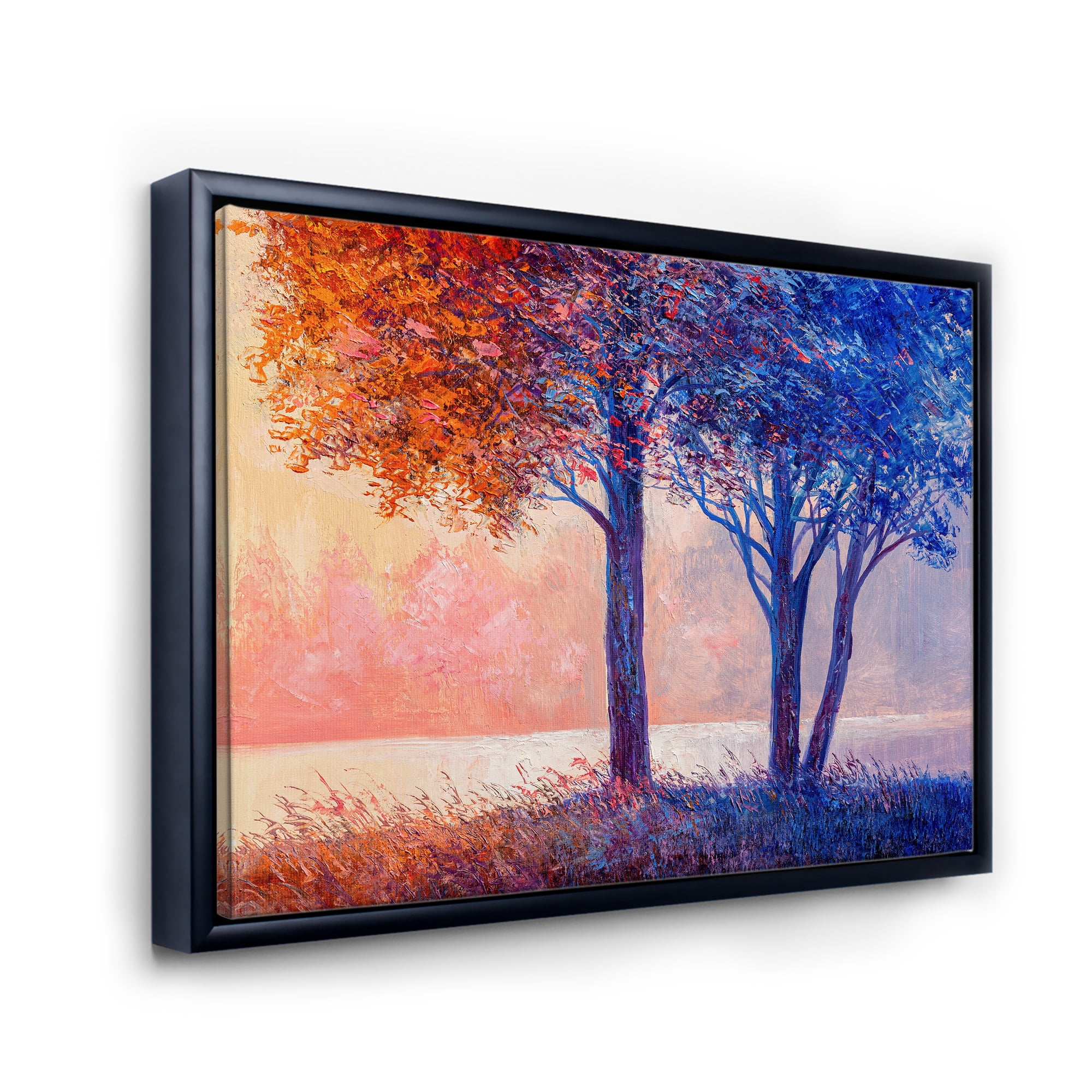 Colorful Autumn Forest Trees Along Beautiful River 32 in x 24 in Framed Painting Canvas Art Print, by Designart