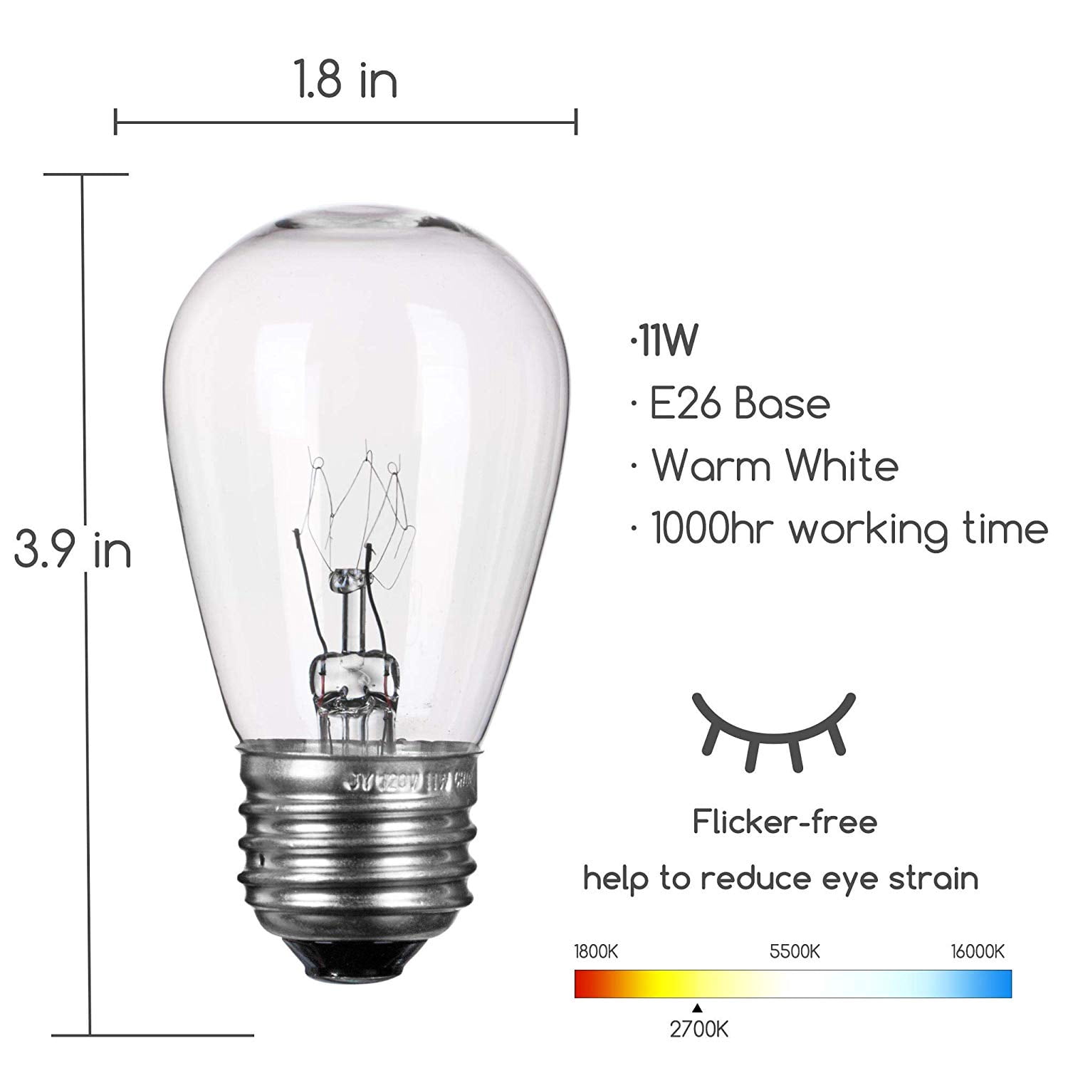 Yi Lighting 11W String Light & Sign Replacement S14 Bulbs Clear Incandescent Dimmable Warm White (Pack of 25)