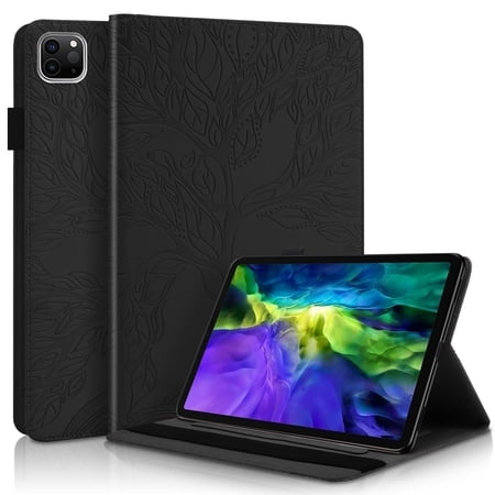 iPad Pro 11 2020 Case iPad Pro 11 inch 2nd Generation Case Dteck Embossed Tree Pattern PU Leather Magnetic Flip Folio Stand Case Auto Wake Sleep with Card Slots/Elastic Band/Stylus Loop Black