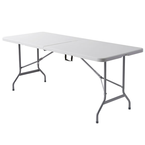 Realspace® Molded Plastic Top Folding Table, 6' Wide Fold in Half, 29"H x 72"W x 30"D, Platinum