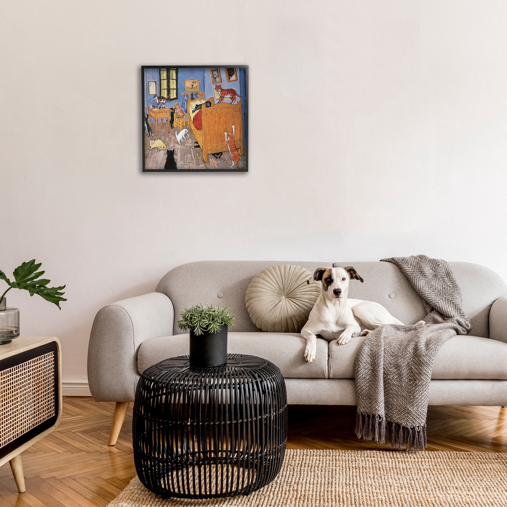 Stupell Industries Cats in Bedroom Classics Parody Animals & Insects Painting Black Framed Art Print Wall Art, 24 x 24