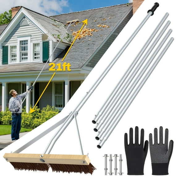 Hermsche Leaf Roof Brush with Gloves, Roof Rake Remove Leaves, Adjustable 5-21ft Roof Cleaning Brush Tool for Shingles, Extension Aluminum Poles for Shingles, Corrugated Roof, Solar Panels