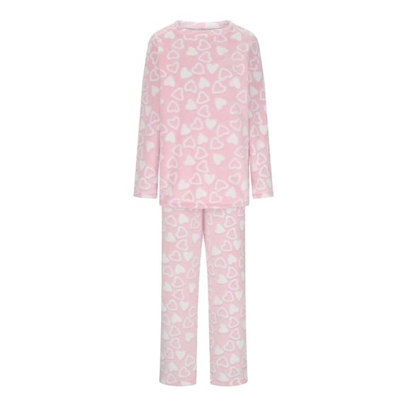 Two Piece Fleece Pajamas Sets for Women Cute Heart Print Sleepwear Comfy Flannel Soft Pjs Loungewear Outfits New Pants Set for Women Dressy Pinky M