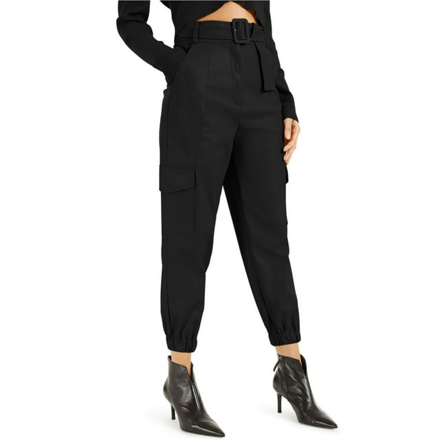 Pantalones cargo casuales de piel sintética para mujer INC, negro, 8