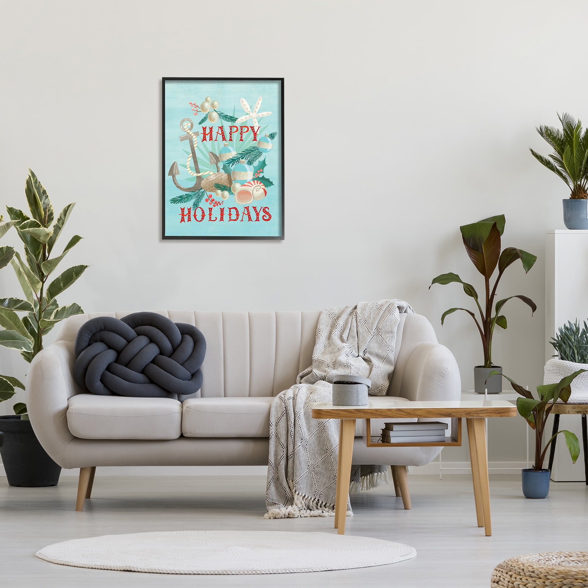 Stupell Industries Happy Holidays Nautical Phrase Beach Anchor Seashells Nature Painting Black Framed Art Print Wall Art, 24 x 30