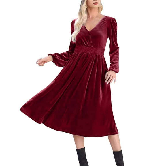 qelini Winter Cocktail Dresses for Women High Waisted Solid V Neck Pleated Dress Elegant Evening Dresses