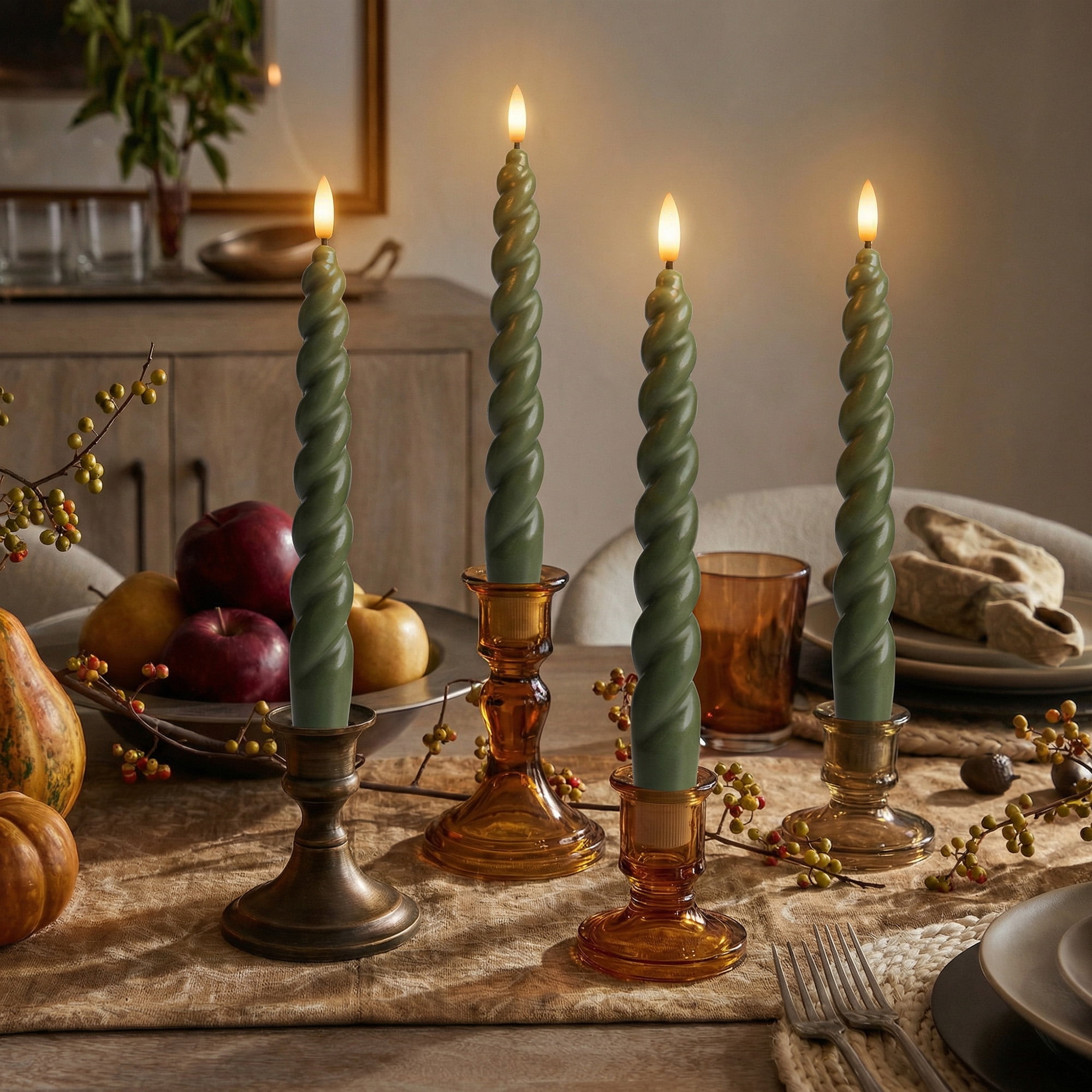 WYZworks 10" Flameless LED Taper Candles – Full Twisted Spiral – Loden Green, Set of 2 – Remote, 2/4/6/8-Hr Timer (24-hr Memory), Bottom On/Off Button, Dimmable, Battery Operated, Flicker/Steady