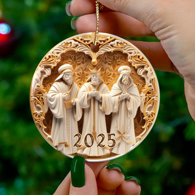 Wise Men Christmas Ornament, Gold Nativity Tree Ornament, Holiday Gift, Ceramic Round Orna - As Picture - 3-Pack